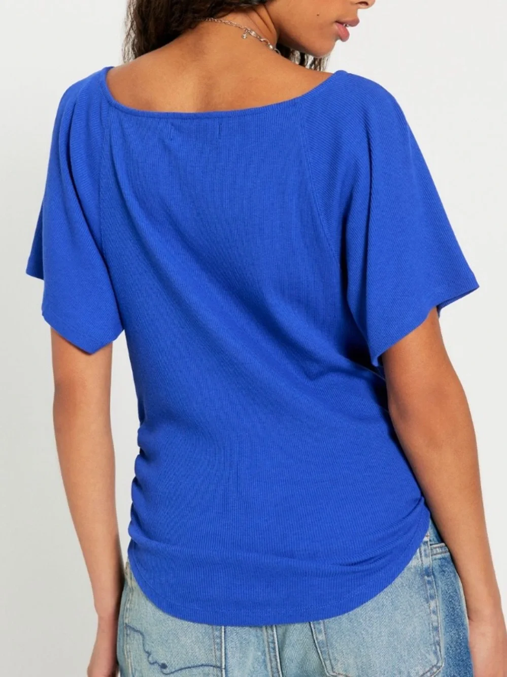 Free People Lucy Off-The-Shoulder Tee T Shirt Top Ribbed Blue Size XL - Picture 3 of 9